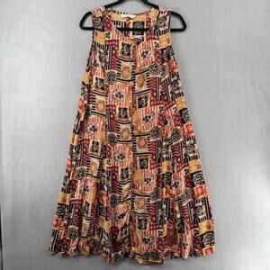Fluent Boho Print Sleeveless Button Front Dress Womens M Red Tan Black